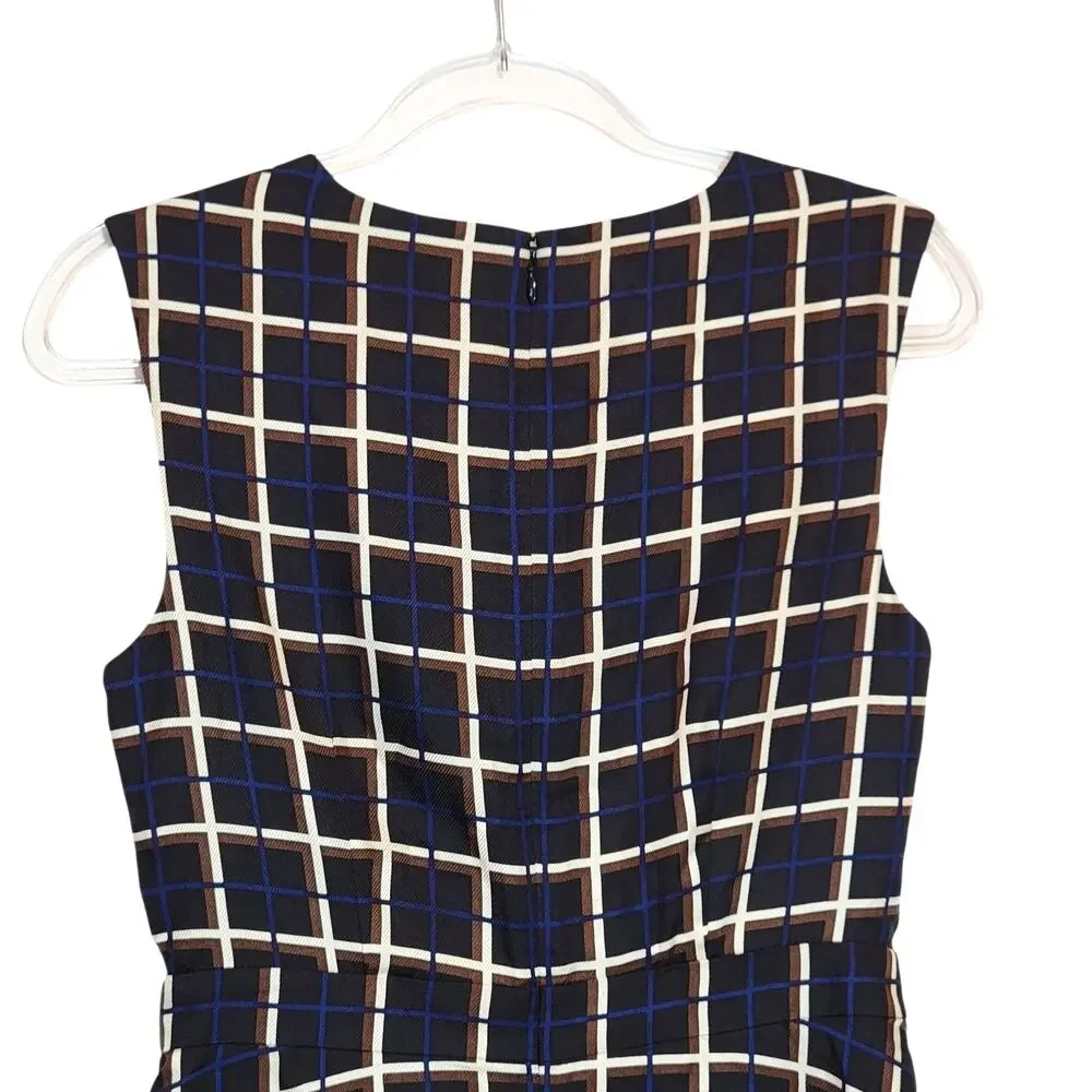 J.Crew Silk Windowpane A-Line Midi Dress Black Tan Navy Jewel Neck Classic 4 NWT